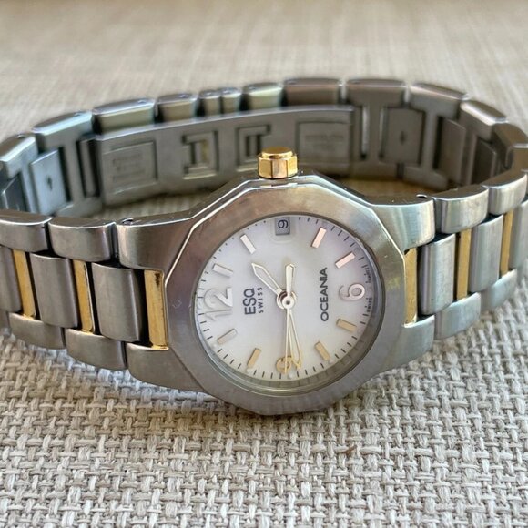 ESQ OCEANIA Swiss Girls Wrist Watch Date Calendar Analog Quartz Silver/Gold Tone - Picture 4 of 14